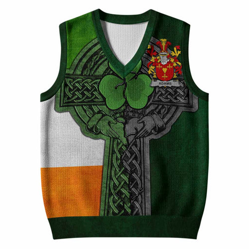 Adams Irish Coat of Arms Sleeveless V-Neck Sweater with Shamrock Celtic Cross