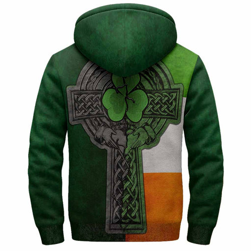 Agnew Irish Coat of Arms Sherpa Hoodie with Shamrock Celtic Cross