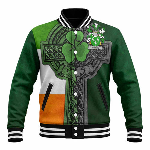 Aherne Irish Coat of Arms Baseball Jacket with Shamrock Celtic Cross