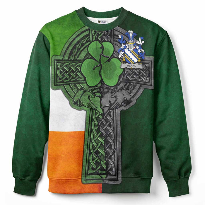 Aland Irish Coat of Arms Sweatshirt with Shamrock Celtic Cross