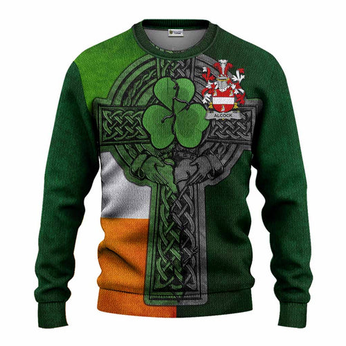 Alcock Irish Coat of Arms Sweater with Shamrock Celtic Cross