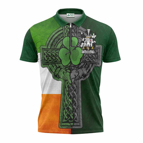 Aldwell Irish Coat of Arms Zipper Polo Shirt with Shamrock Celtic Cross
