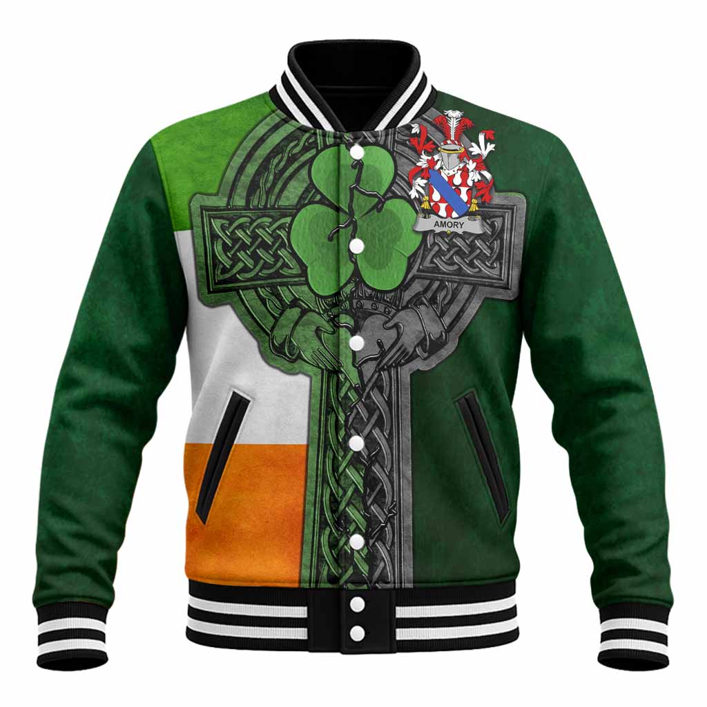 Amory Irish Coat of Arms Baseball Jacket with Shamrock Celtic Cross