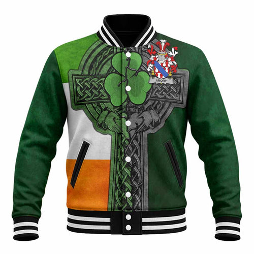 Amory Irish Coat of Arms Baseball Jacket with Shamrock Celtic Cross