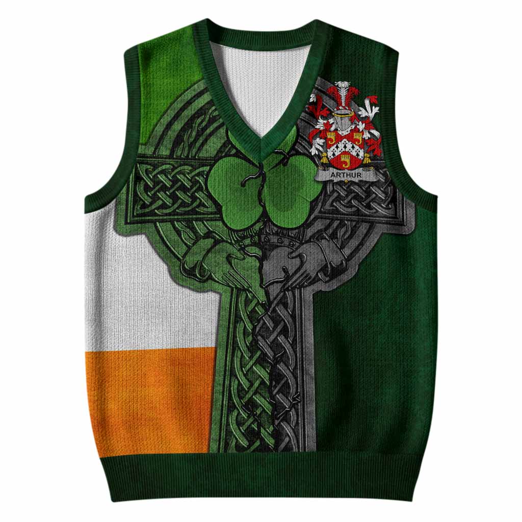 Arthur Irish Coat of Arms Sleeveless V-Neck Sweater with Shamrock Celtic Cross
