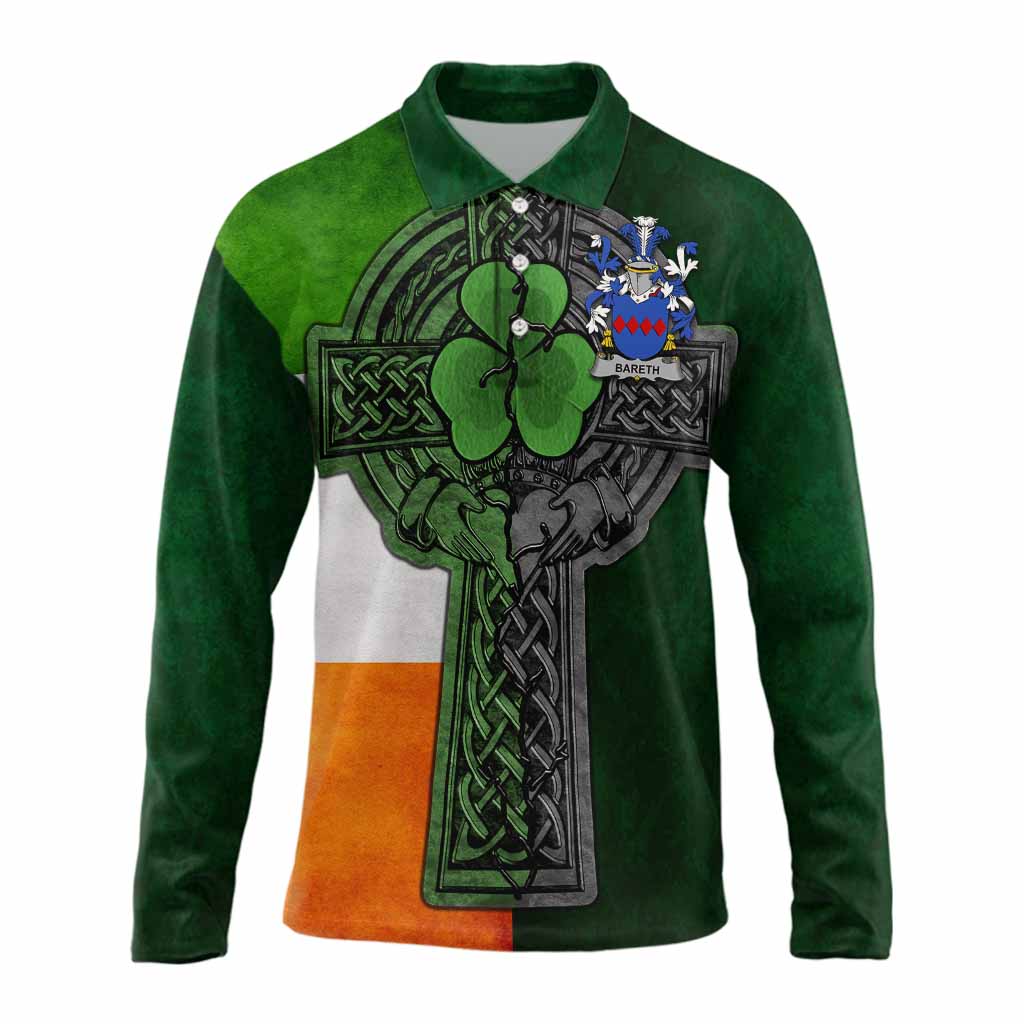 Bareth Irish Coat of Arms Long Sleeve Polo Shirt with Shamrock Celtic Cross