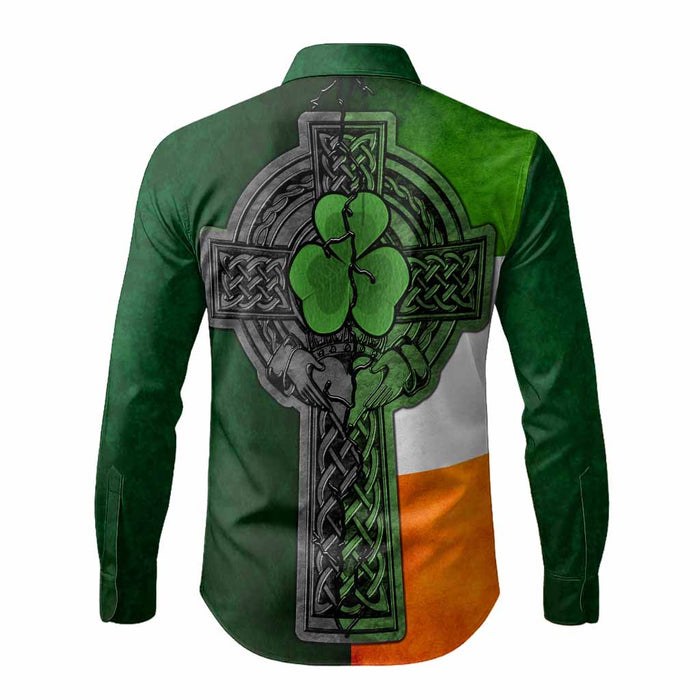 Bateson Irish Coat of Arms Men’s Casual Long Sleeve Button-Up Shirt with Shamrock Celtic Cross