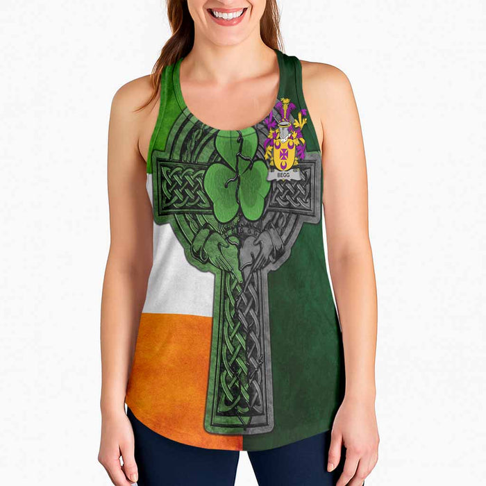 Begg Irish Coat of Arms Women's Racerback Tank Top with Shamrock Celtic Cross