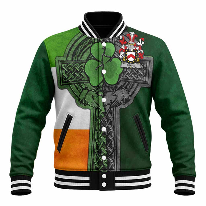 Behan Irish Coat of Arms Baseball Jacket with Shamrock Celtic Cross