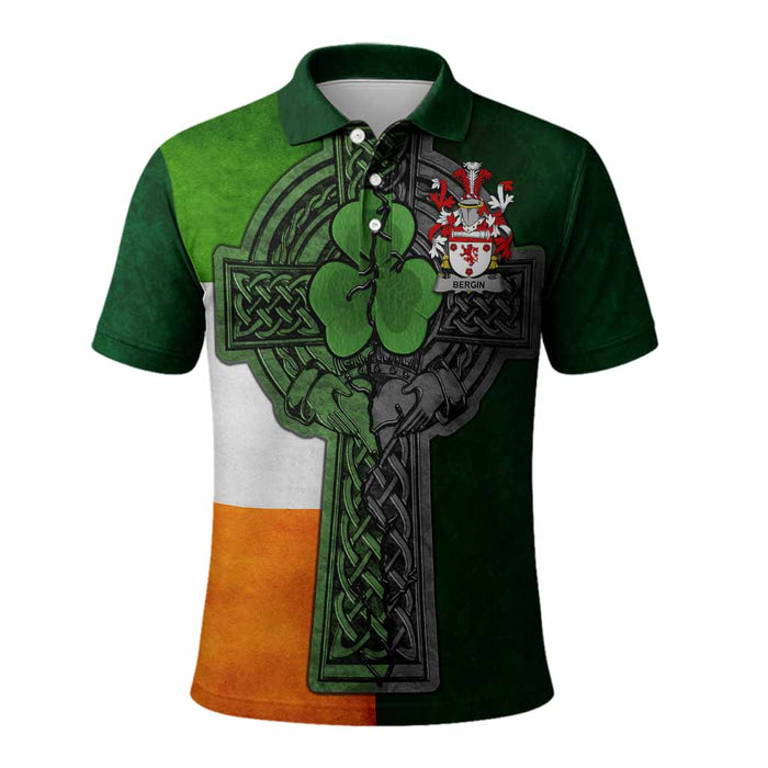 Bergin Irish Coat of Arms Men's Polo Shirt with Shamrock Celtic Cross