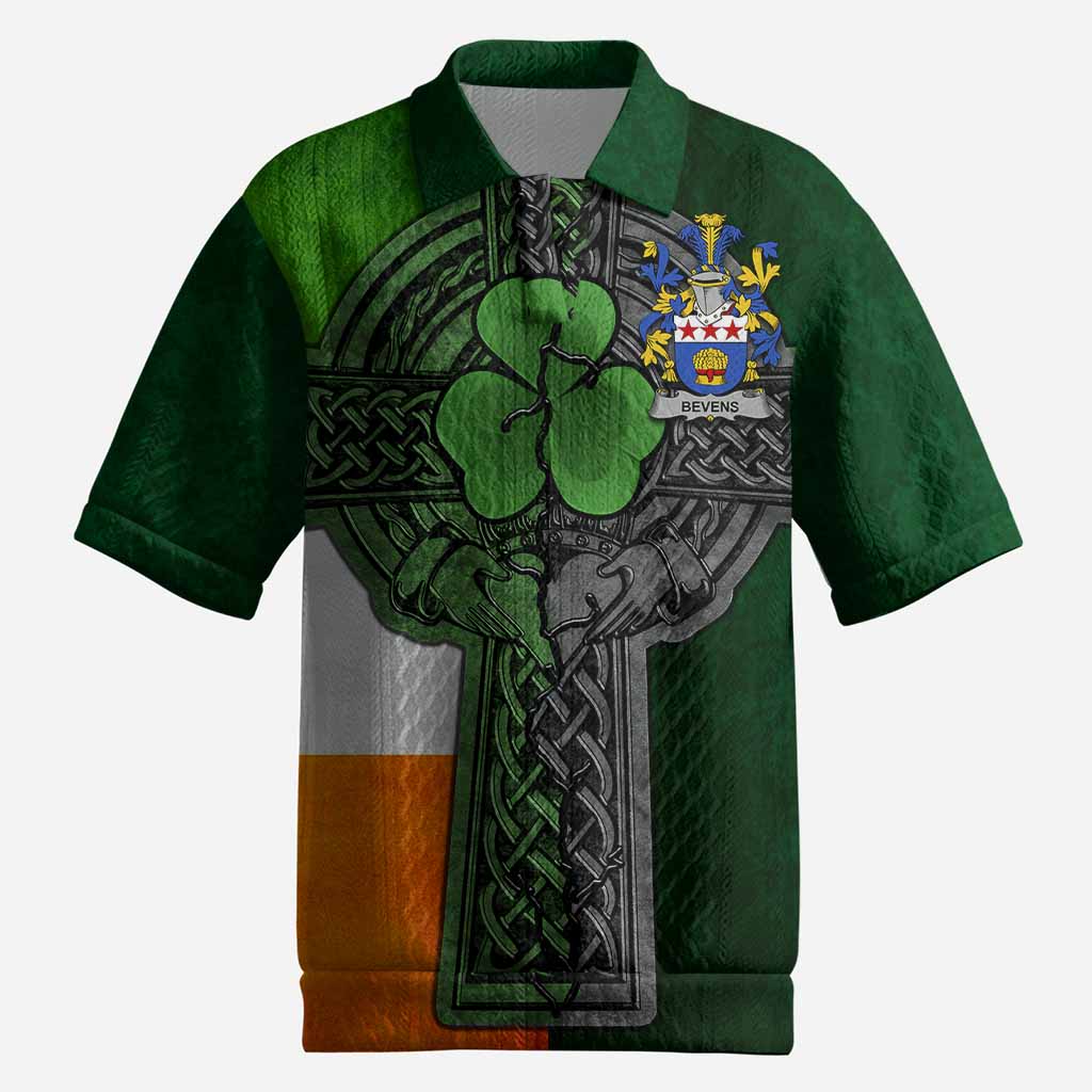 Bevens Irish Coat of Arms Men's Knit Polo Shirt with Shamrock Celtic Cross