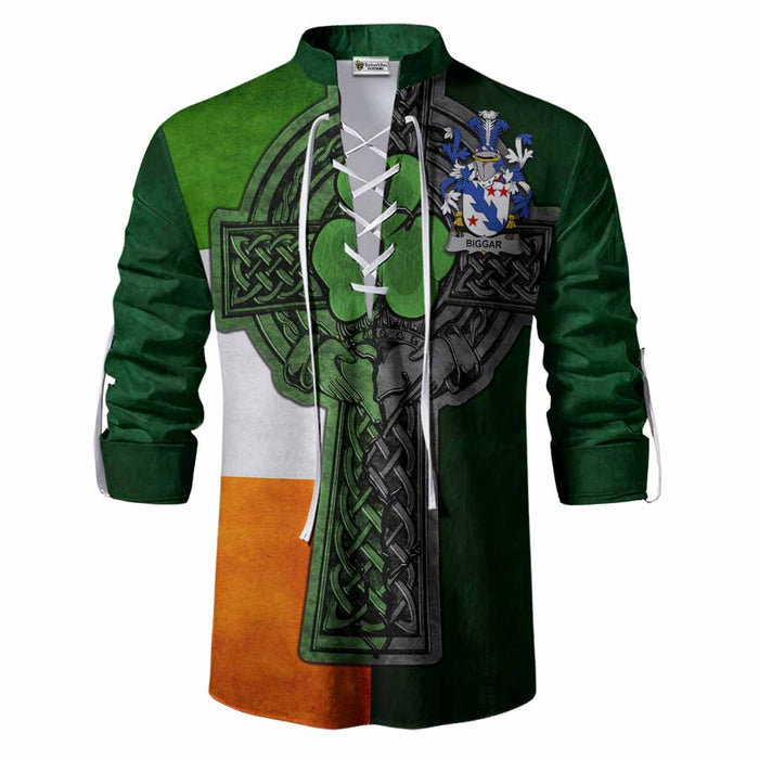 Biggar Irish Coat of Arms Men's Ghillie Shirt with Shamrock Celtic Cross