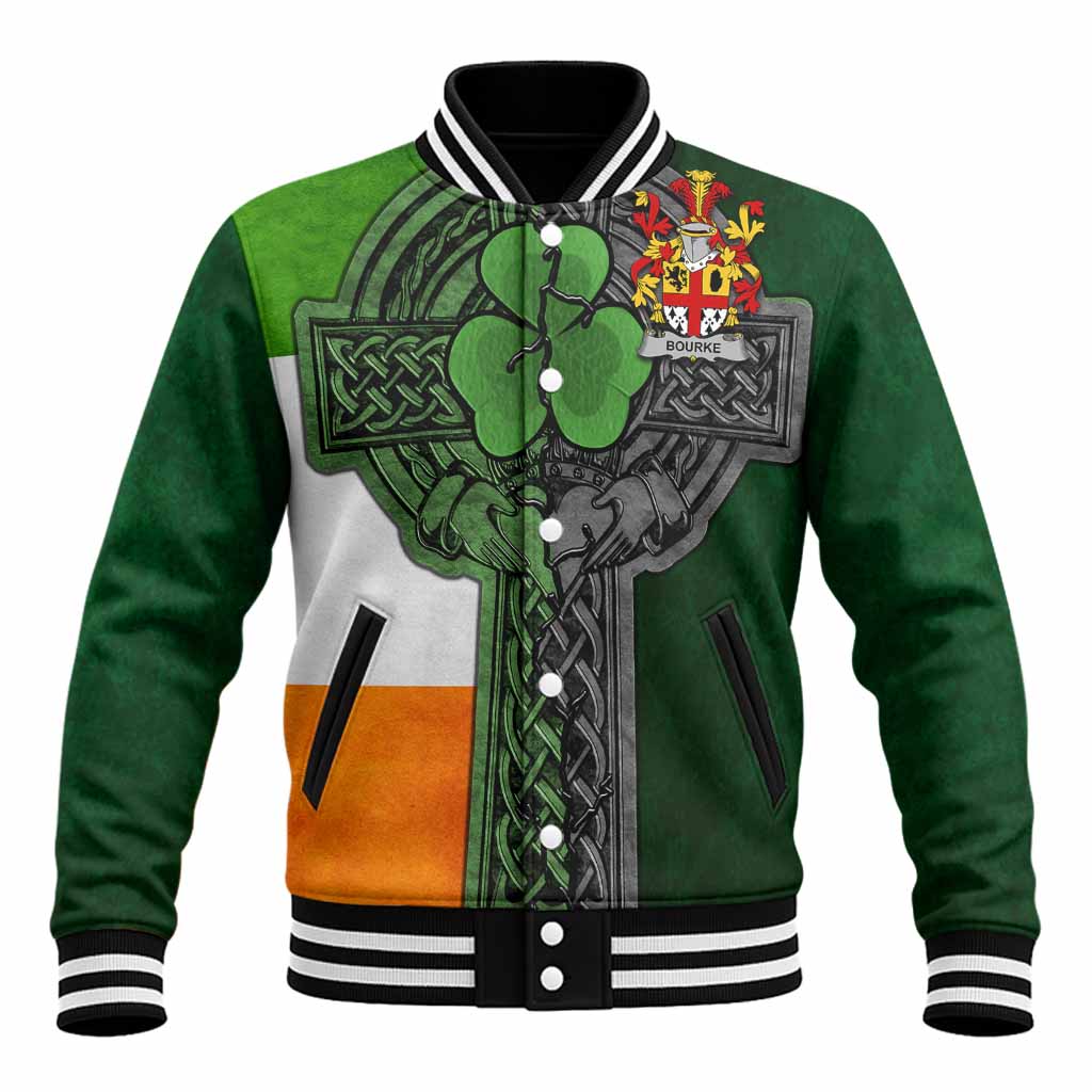 Bourke Irish Coat of Arms Baseball Jacket with Shamrock Celtic Cross