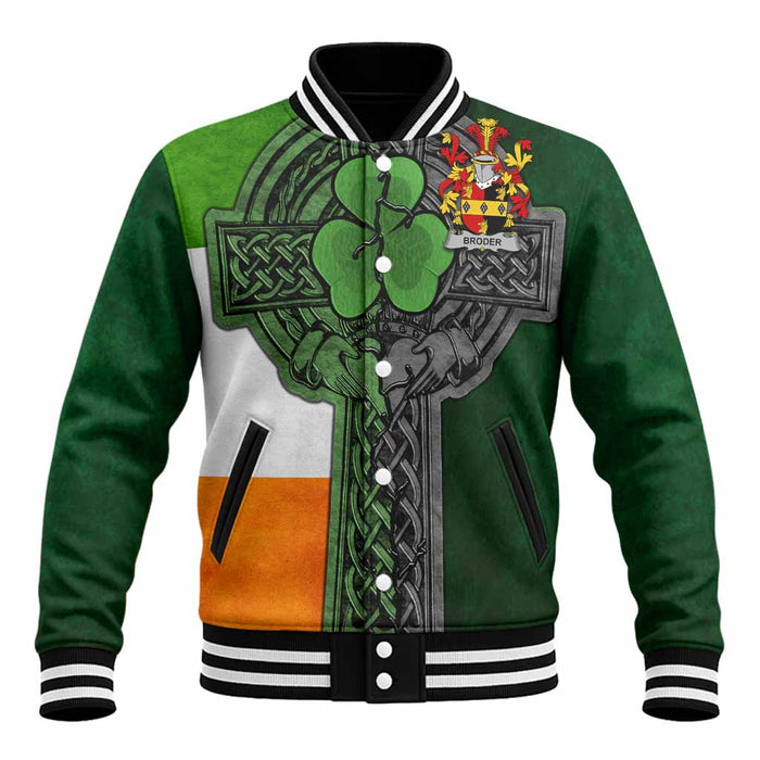 Broder Irish Coat of Arms Baseball Jacket with Shamrock Celtic Cross