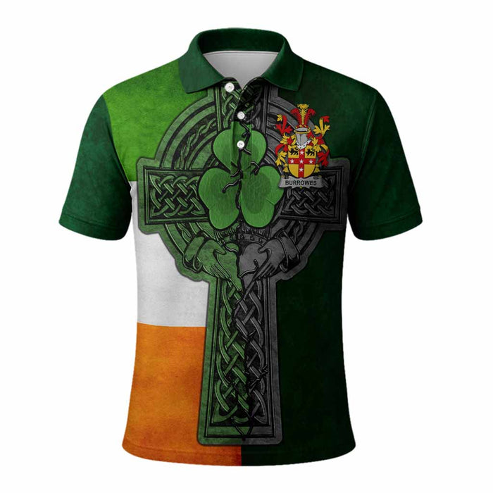 Burrowes Irish Coat of Arms Men's Polo Shirt with Shamrock Celtic Cross