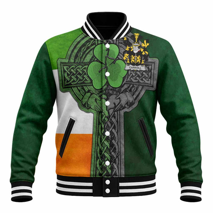 Carroll Irish Coat of Arms Baseball Jacket with Shamrock Celtic Cross