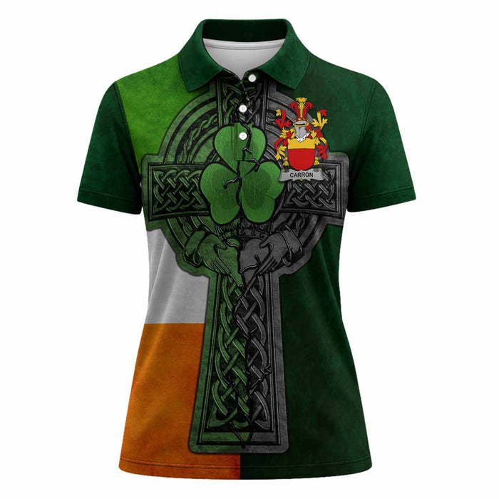 Carron Irish Coat of Arms Women's Polo Shirt with Shamrock Celtic Cross