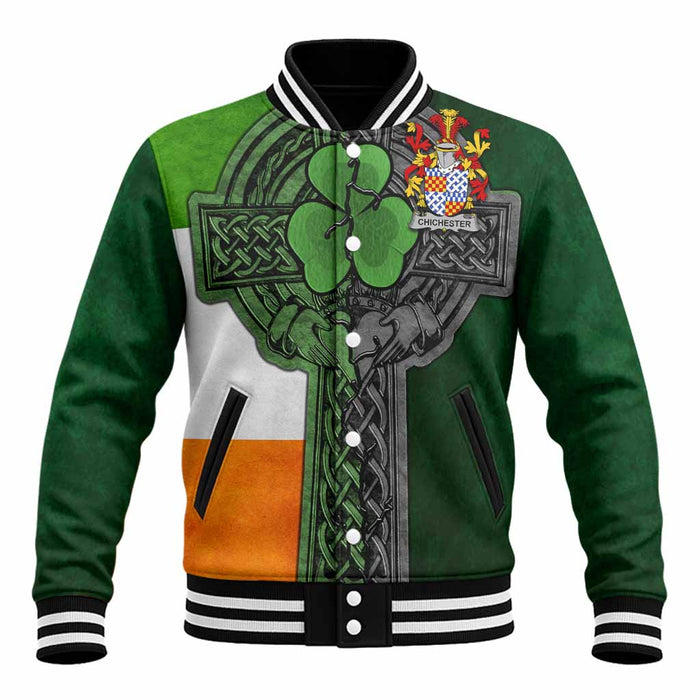Chichester Irish Coat of Arms Baseball Jacket with Shamrock Celtic Cross