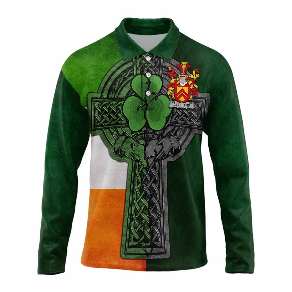 Clelland Irish Coat of Arms Long Sleeve Polo Shirt with Shamrock Celtic Cross