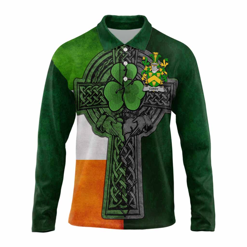 Curdy Irish Coat of Arms Long Sleeve Polo Shirt with Shamrock Celtic Cross