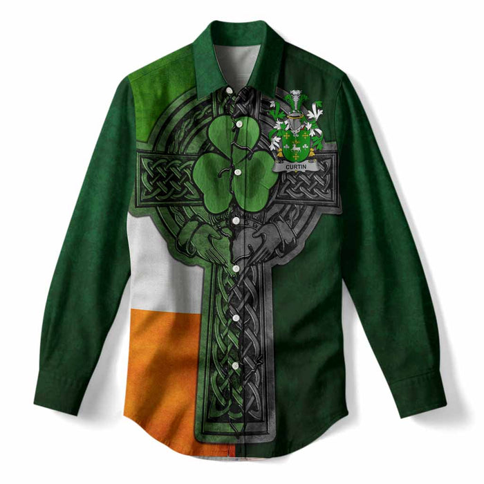 Curtin Irish Coat of Arms Women’s Casual Shirt with Shamrock Celtic Cross