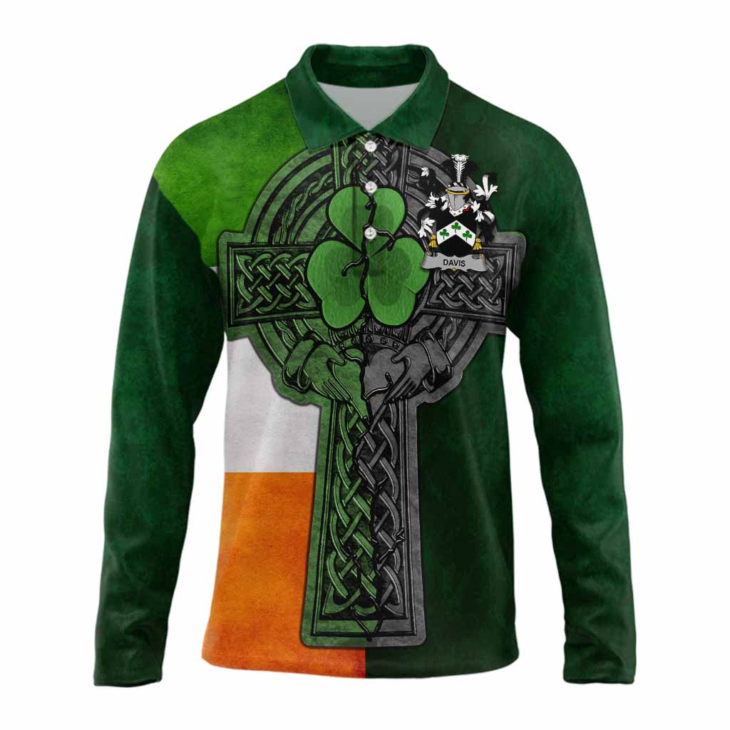 Davis Irish Coat of Arms Long Sleeve Polo Shirt with Shamrock Celtic Cross