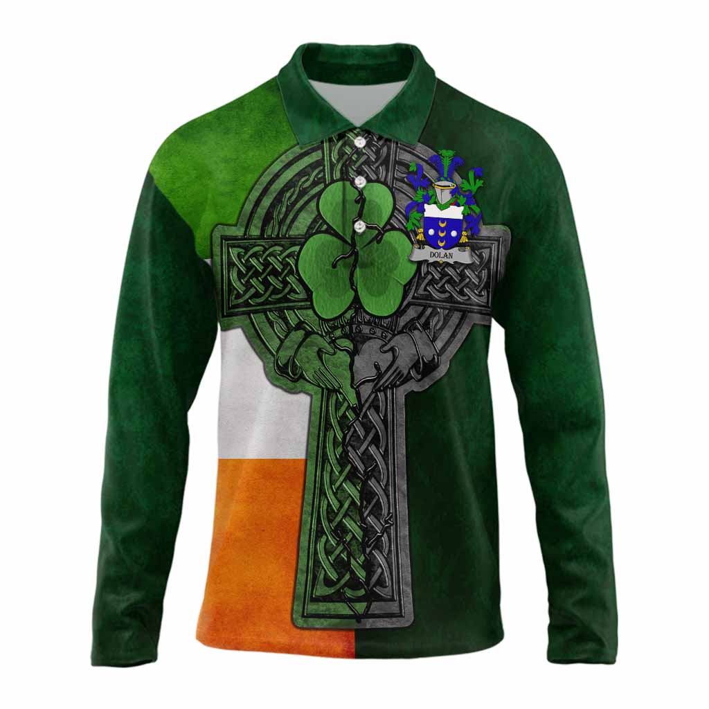 Dolan Irish Coat of Arms Long Sleeve Polo Shirt with Shamrock Celtic Cross