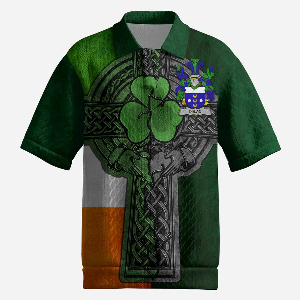 Dolan Irish Coat of Arms Men's Knit Polo Shirt with Shamrock Celtic Cross