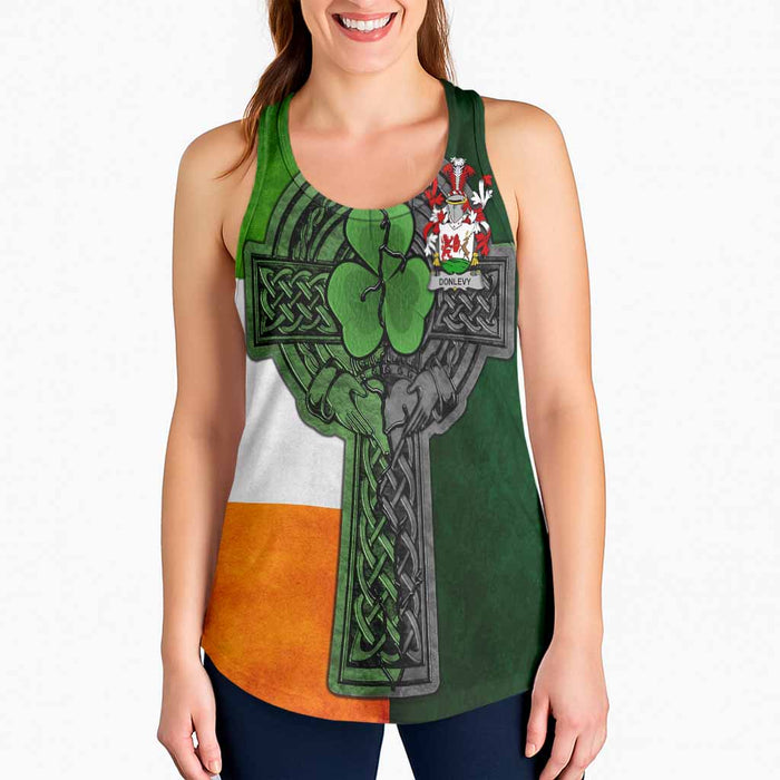 Donlevy Irish Coat of Arms Women's Racerback Tank Top with Shamrock Celtic Cross