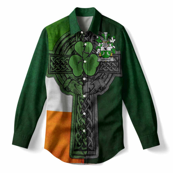 Donohue Irish Coat of Arms Women’s Casual Shirt with Shamrock Celtic Cross