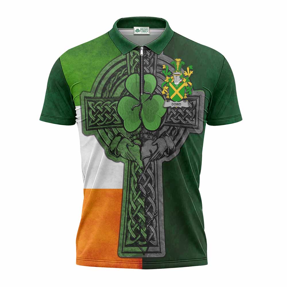 Dowd Irish Coat of Arms Zipper Polo Shirt with Shamrock Celtic Cross
