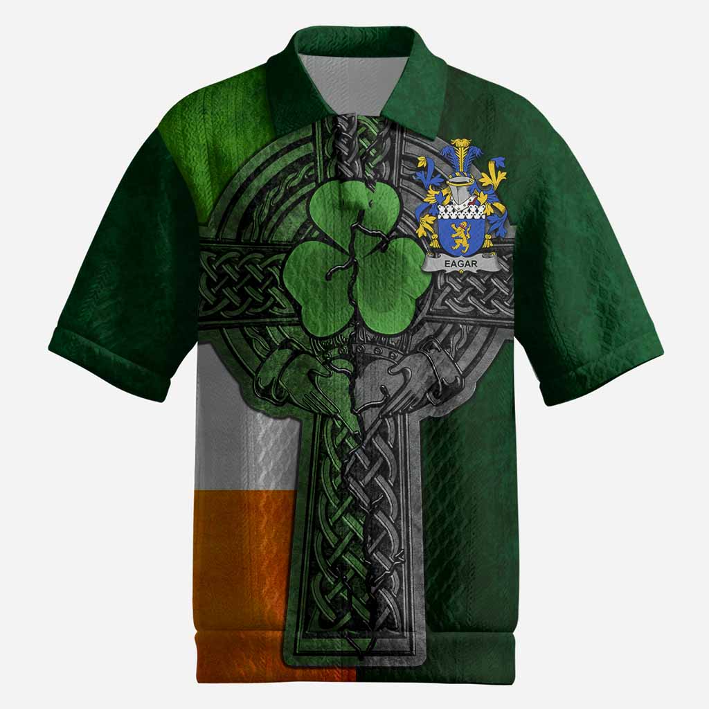 Eagar Irish Coat of Arms Men's Knit Polo Shirt with Shamrock Celtic Cross