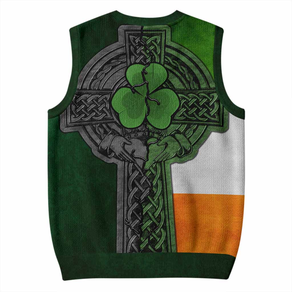 Feely Irish Coat of Arms Sleeveless V-Neck Sweater with Shamrock Celtic Cross
