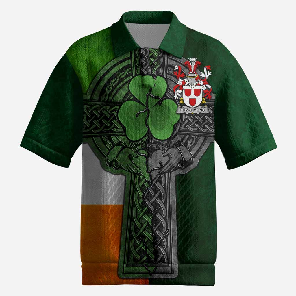 Fitz-Simons Irish Coat of Arms Men's Knit Polo Shirt with Shamrock Celtic Cross