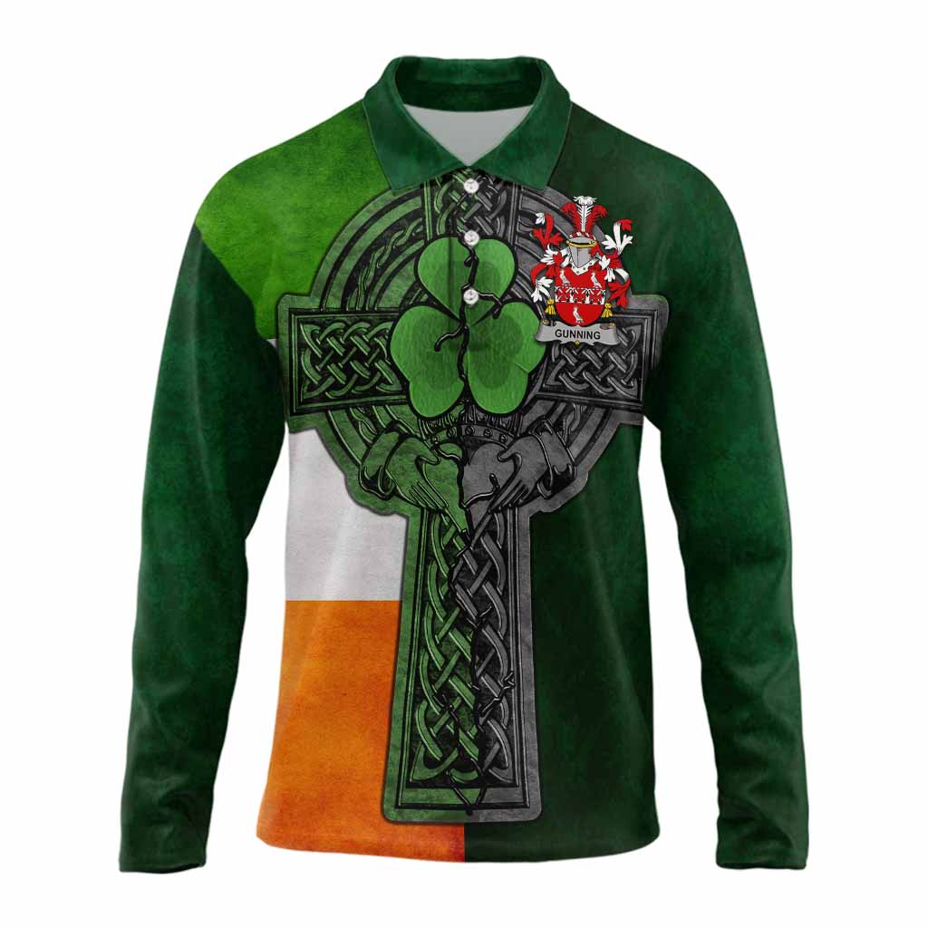 Gunning Irish Coat of Arms Long Sleeve Polo Shirt with Shamrock Celtic Cross