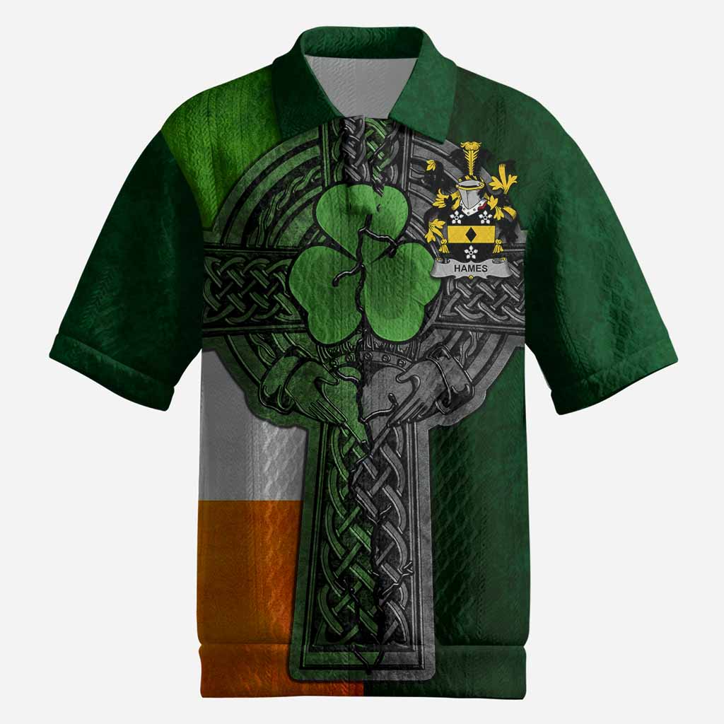 Hames Irish Coat of Arms Men's Knit Polo Shirt with Shamrock Celtic Cross