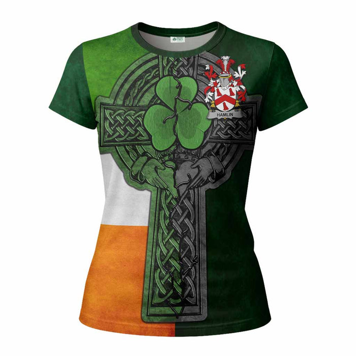 Hamlin Irish Coat of Arms Women's T-shirt with Shamrock Celtic Cross