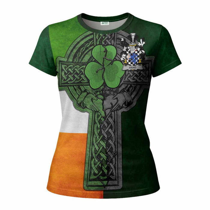 Hand Irish Coat of Arms Women's T-shirt with Shamrock Celtic Cross