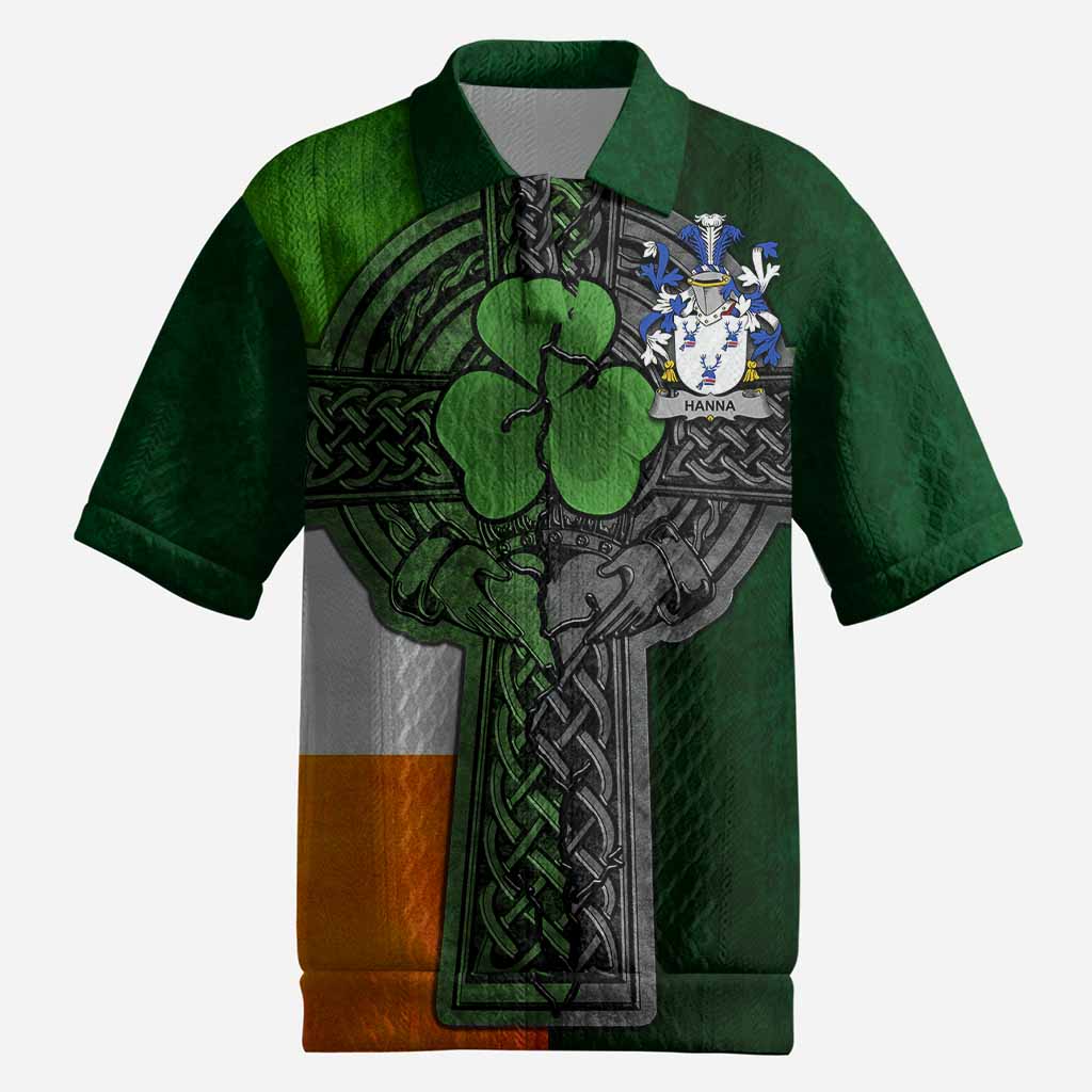 Hanna Irish Coat of Arms Men's Knit Polo Shirt with Shamrock Celtic Cross
