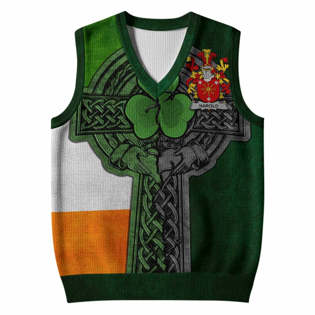 Harold Irish Coat of Arms Sleeveless V-Neck Sweater with Shamrock Celtic Cross