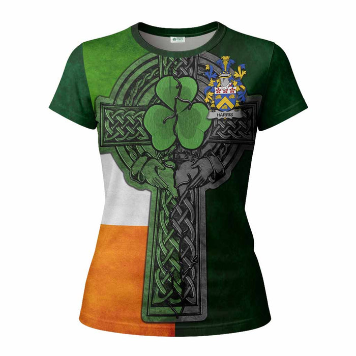 Harris Irish Coat of Arms Women's T-shirt with Shamrock Celtic Cross