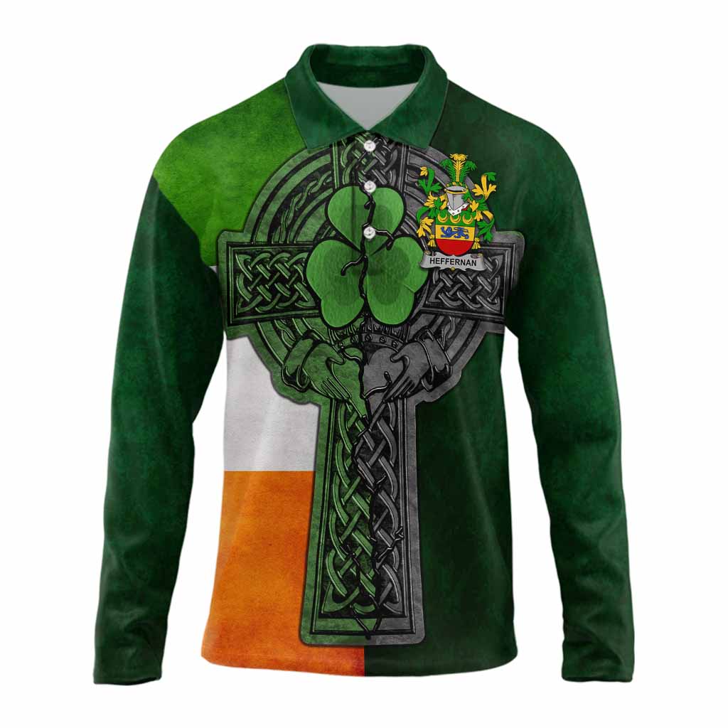 Heffernan Irish Coat of Arms Long Sleeve Polo Shirt with Shamrock Celtic Cross