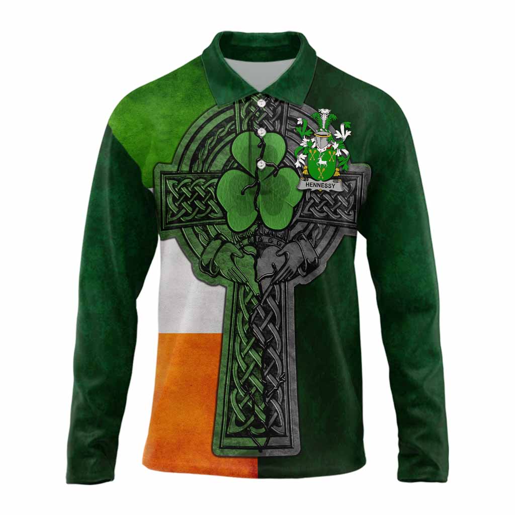 Hennessy Irish Coat of Arms Long Sleeve Polo Shirt with Shamrock Celtic Cross