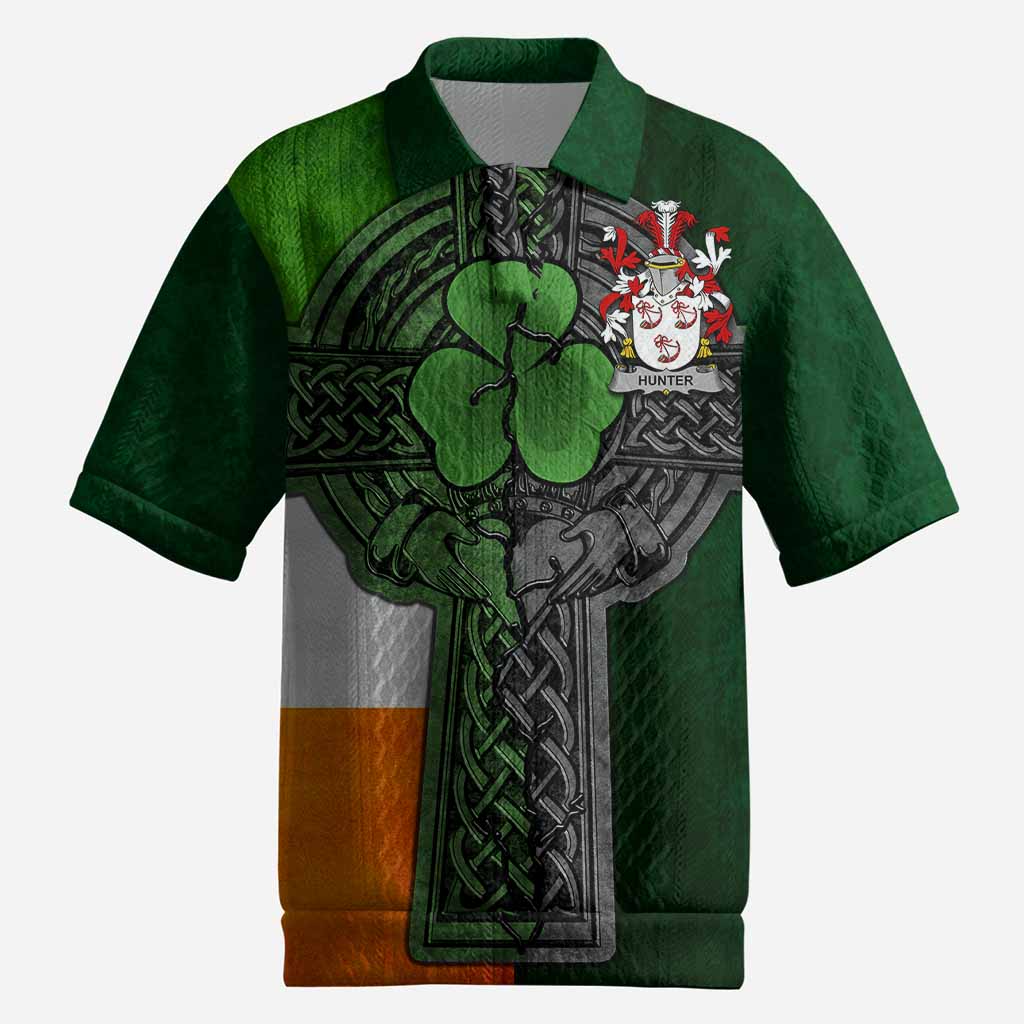 Hunter Irish Coat of Arms Men's Knit Polo Shirt with Shamrock Celtic Cross