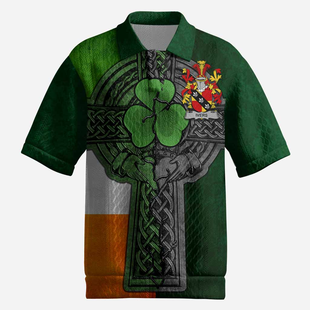 Ivers Irish Coat of Arms Men's Knit Polo Shirt with Shamrock Celtic Cross