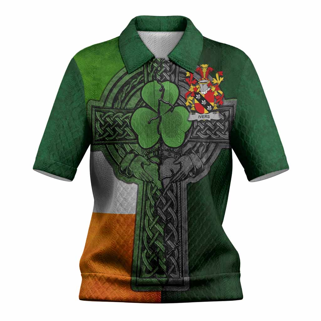 Ivers Irish Coat of Arms Women's Knit Polo Shirt with Shamrock Celtic Cross