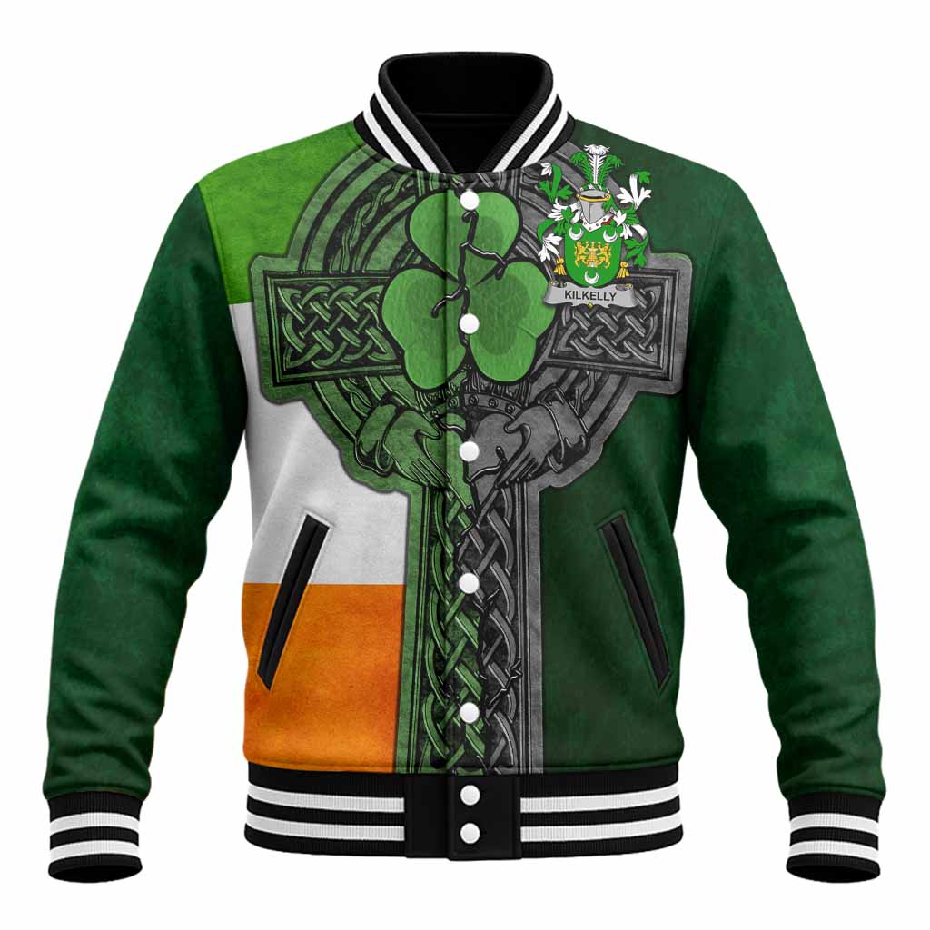 Kilkelly Irish Coat of Arms Baseball Jacket with Shamrock Celtic Cross
