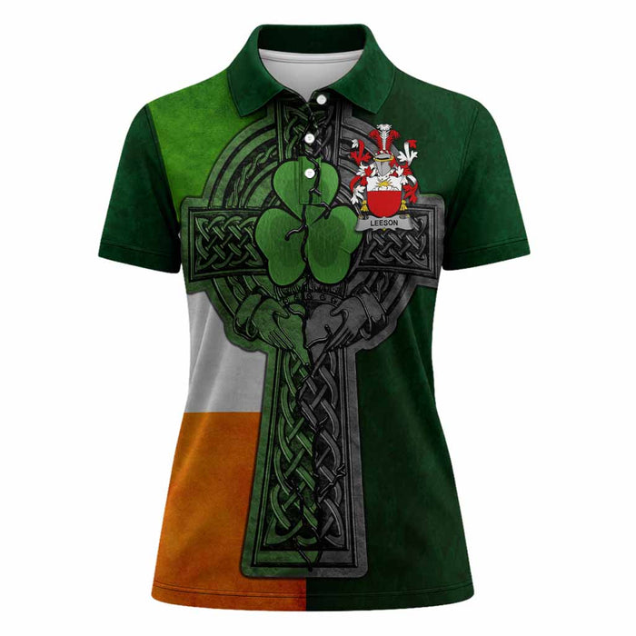 Leeson Irish Coat of Arms Women's Polo Shirt with Shamrock Celtic Cross