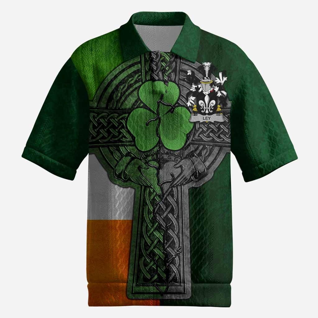 Ley Irish Coat of Arms Men's Knit Polo Shirt with Shamrock Celtic Cross