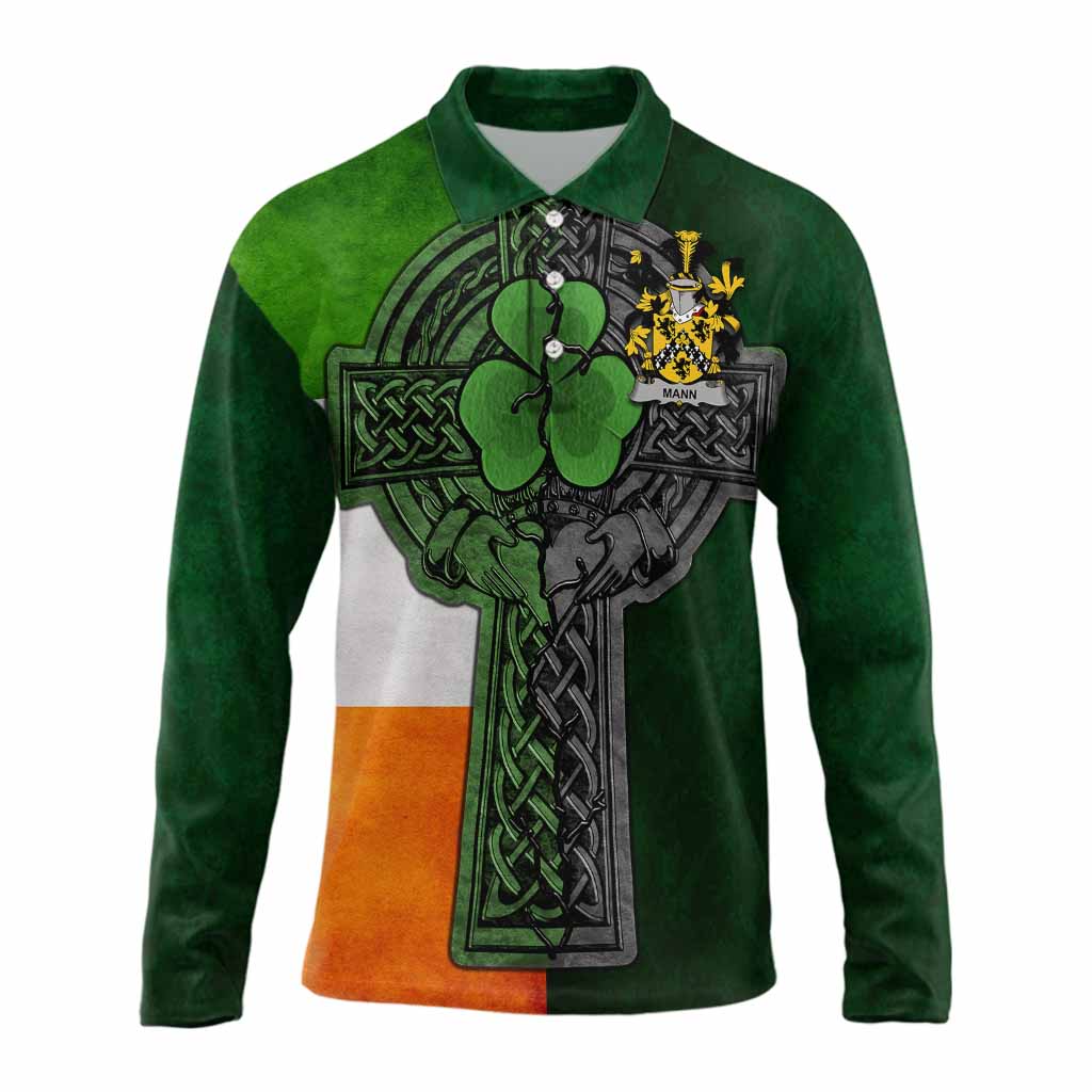 Mann Irish Coat of Arms Long Sleeve Polo Shirt with Shamrock Celtic Cross